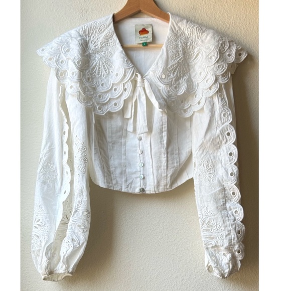 FARM RIO WOMEN'S RICHELIEU BIG COLLAR Eyelet BLOUSE Off White Sz S - Picture 6 of 16
